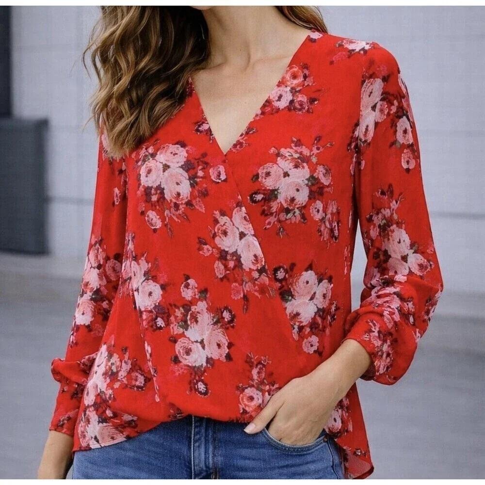 KUT from the Kloth Red Floral Chiffon Blouse Long Sleeve Surplice V-Neck Top M